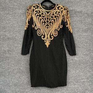 Vtg Black Silk Evening Cocktail Sheath Dress Womens 8 Beaded Sequined 80s 90s